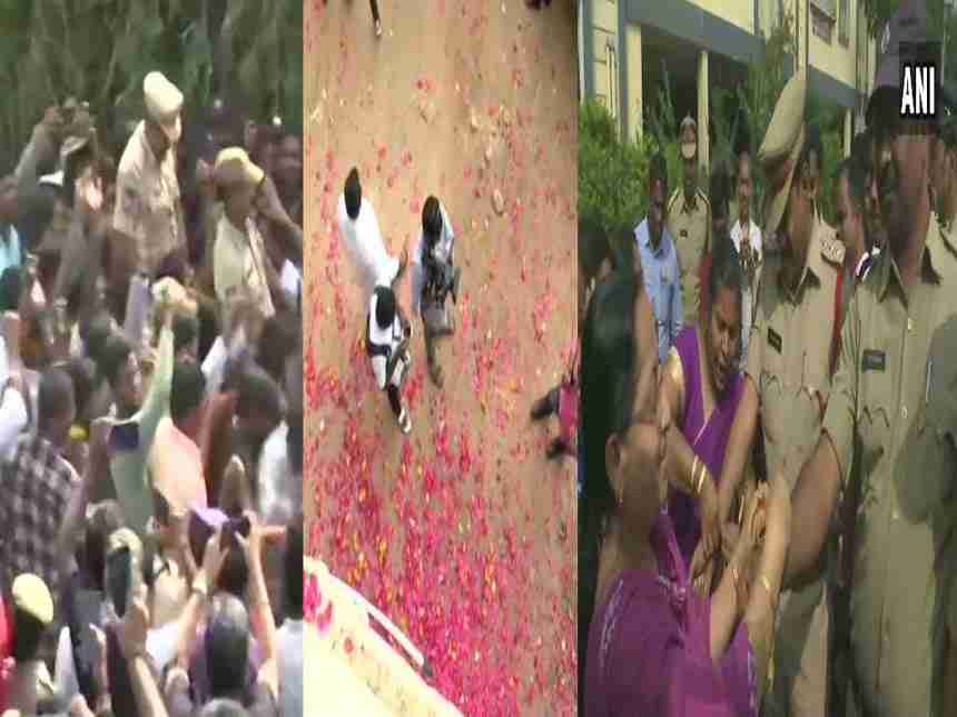 हैदराबाद एन्काऊंटरनंतर नागरिकांचा जल्लोष, पोलिसांवर फुलांचा वर्षाव